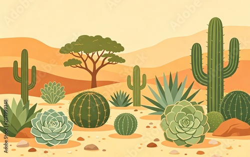 Panoramic Flat Illustration of Desert Succulents and Cacti, Terracotta and Sage