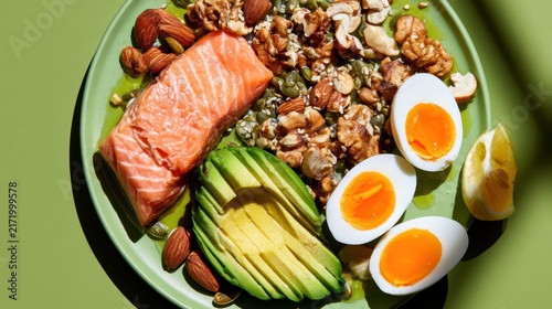 Colorful Ketogenic Breakfast Idea: Salmon, Avocado, Eggs and Nuts Arranged on a Green Backdrop