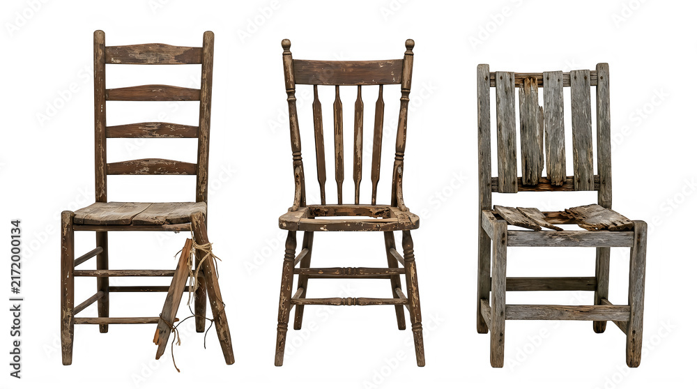 Three old rustic wooden chairs isolated on transparent background