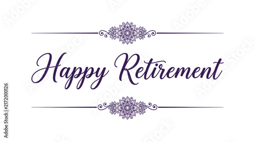 Happy retirement text with elegant purple floral mandala flourishes isolated on a clean white background