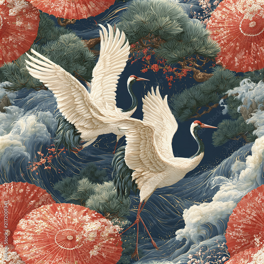 Naklejka premium Elegant white crane birds flying over stylized waves with pine trees and red floral umbrellas seamless Japanese inspired