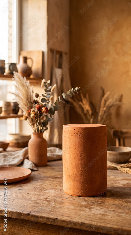 Fototapeta premium Rustic terracotta cylinder on wooden table with dried flowers, a showcase for earth tones, natural textures, and artisanal craft concepts