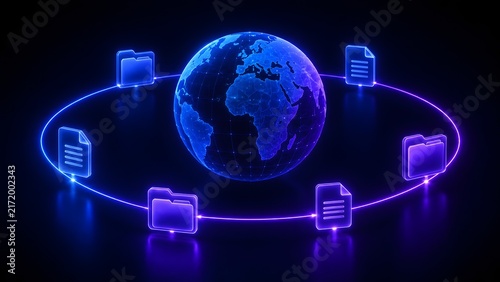 Naklejka Futuristic glowing wireframe earth globe with digital folders and documents connected by neon orbit lines for global data transfer concepts