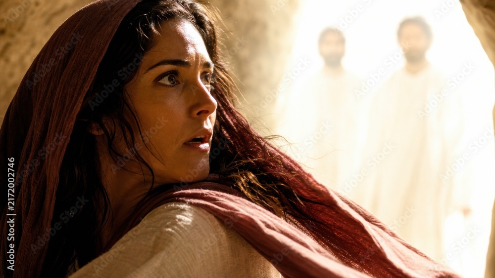 Fototapeta premium Woman in biblical veil turning to radiant light where two angelic men in white robes appear at empty tomb. Resurrection morning, Easter story, faith and divine revelation concept.