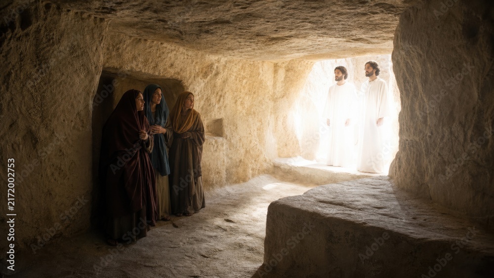 Naklejka premium Women meet two angels in shining white robes at empty tomb of Jesus. Biblical resurrection scene from gospel. Easter morning story of hope, faith and heavenly message.