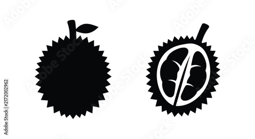 Bild auf Leinwand Durian Fruit Silhouette And Sectional View Black And White