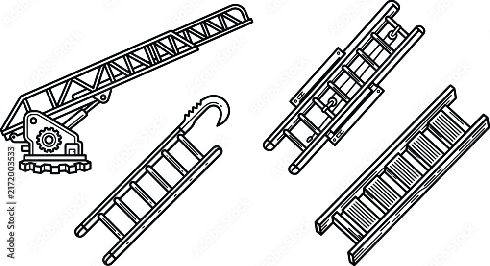 Naklejka premium Black and white line art vector illustration set of construction ladders and crane boom arm isolated on a clean white background.
