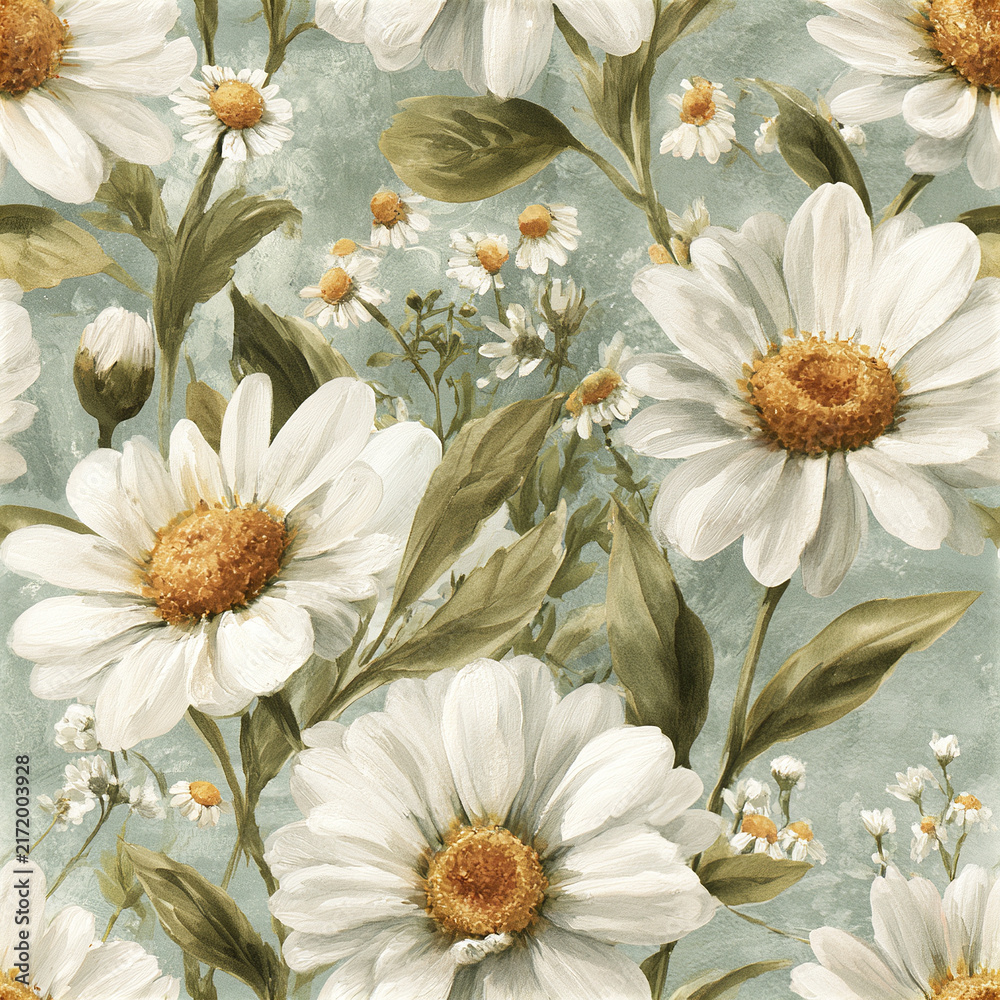 Fototapeta premium Seamless watercolor pattern featuring large white daisies with green leaves soft blue textured background, elegant floral
