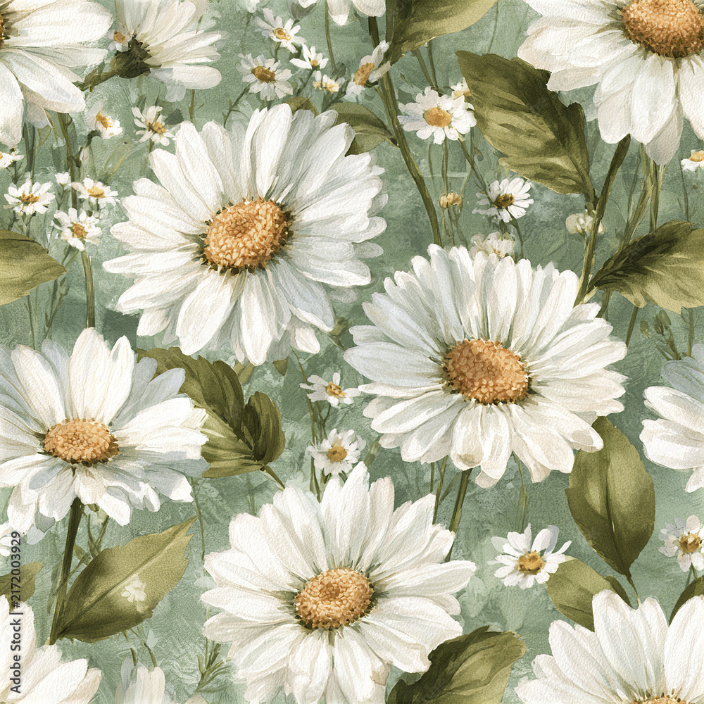 Fototapeta premium Seamless watercolor pattern featuring large white daisies with green leaves and soft background, evoking calm and natural
