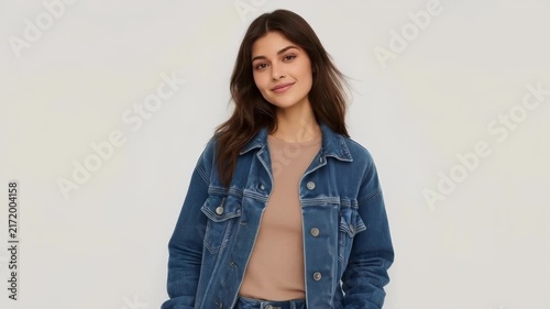 Young Woman in Denim Jacket and Beige Shirt Fashion Portrait Against Neutral Background