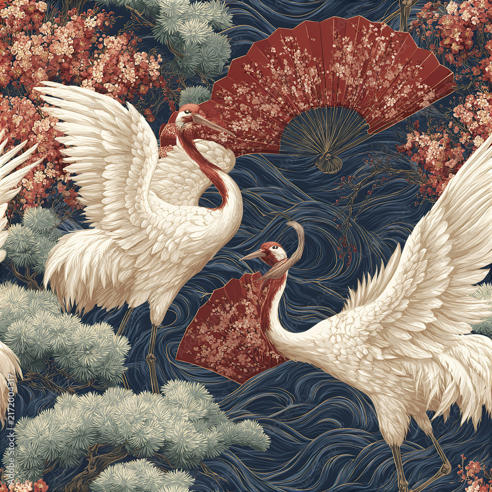 Naklejka premium Elegant white crane birds with red fans and floral branches sophisticated Asian botanical seamless pattern with flowing water
