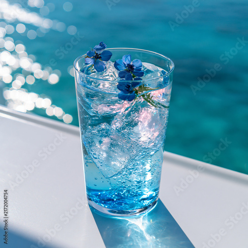 beautiful transparent glass filled with sparkling vivid blue soda and crystal clear ice cubes