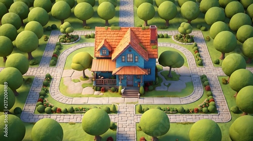 Aerial view of cartoon house in a maze of trees