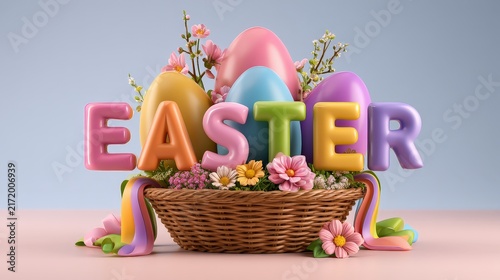 Easter Celebration with Colorful Eggs and Bunny in Basket