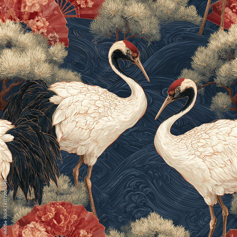 Naklejka premium Traditional Asian seamless pattern with graceful white cranes, red fans, and pine trees on dark blue swirling background