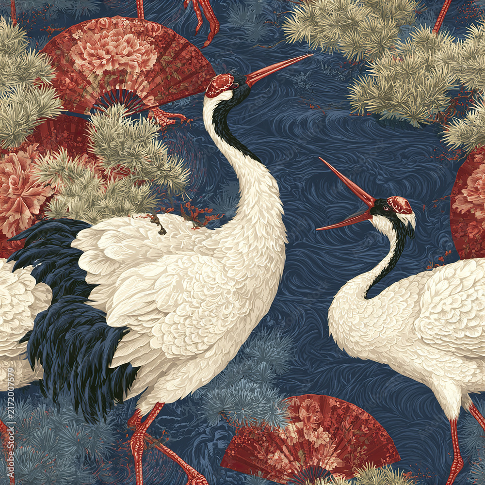 Naklejka premium Traditional Asian seamless pattern with graceful white cranes and red fans on blue background, elegant and detailed design