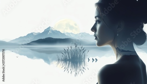 A serene profile of a woman gazing at a tranquil lake surrounded by mountains. The soft colors create a calming atmosphere, emphasizing reflection and connection to nature.