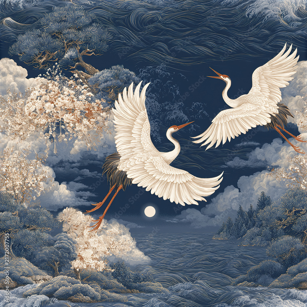 Naklejka premium White crane birds flying over ocean under moonlight with traditional Japanese style floral and pine tree landscape