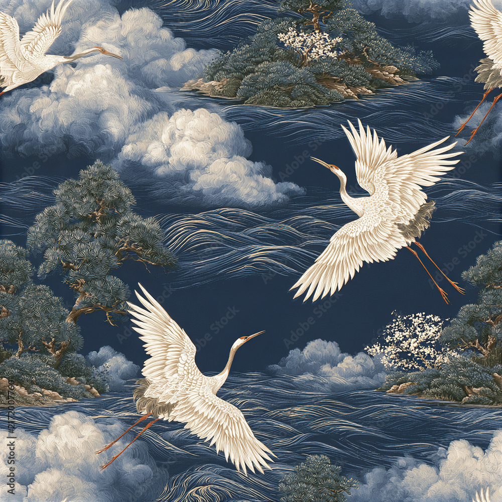 Naklejka premium Traditional Japanese pattern with soaring white crane birds flying over ocean waves and pine trees cloudy sky, serene