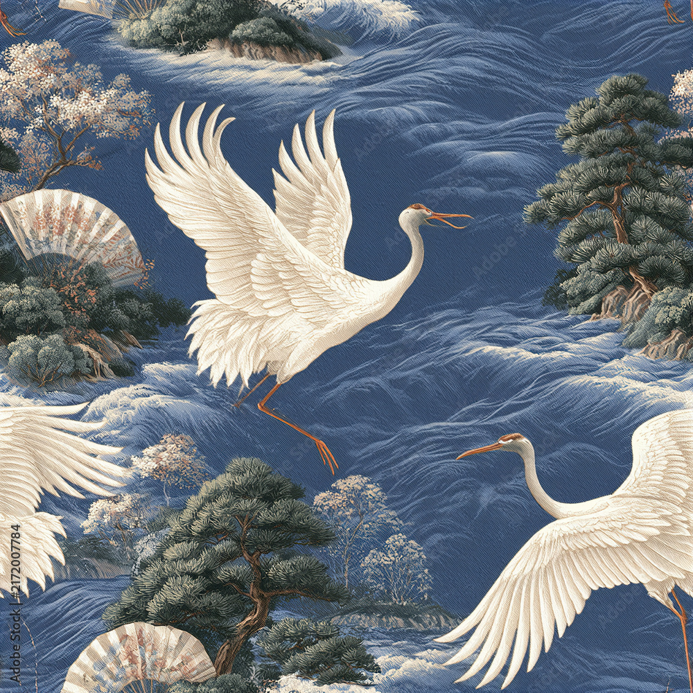 Naklejka premium Traditional Japanese night ocean pattern with soaring white crane birds and pine trees creating serene and elegant atmosphere