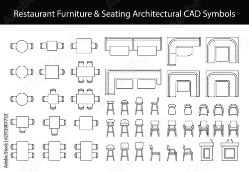 Restaurant furniture floor plan cad block vector set. Thin line tables, chairs, booths and seating layouts for cafe, dining, foodservice and interior design plans