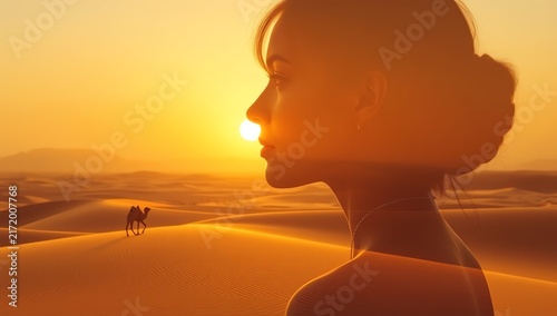 A serene silhouette of a woman against a stunning sunset in a vast desert. The warm glow creates a tranquil atmosphere, reflecting a moment of peace and contemplation in nature.