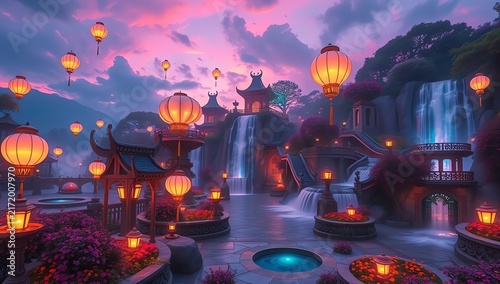 A serene twilight scene featuring vibrant lanterns illuminating a tranquil water garden with cascading waterfalls and lush greenery, creating a magical atmosphere for relaxation.
