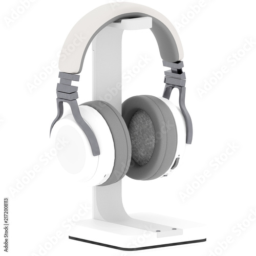 3d Render White Headphones Display Stand Angled with transparent background