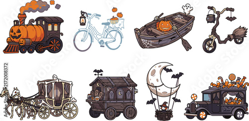 Halloween Transport Vehicle Set with Spooky Pumpkin Train Carriage Boat and Hot Air Balloon Vector Illustration