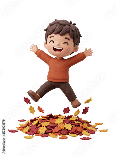 White Caucasian Male Child Boy With Brown Hair Wearing Orange Sweater Jumping Over Autumn Leaf Pile