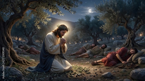 Jesus praying in the Garden of Olives as the main subject, disciples resting around him while the overall scene communicates that hope remains awake even when human strength fades, quiet nocturnal gro
