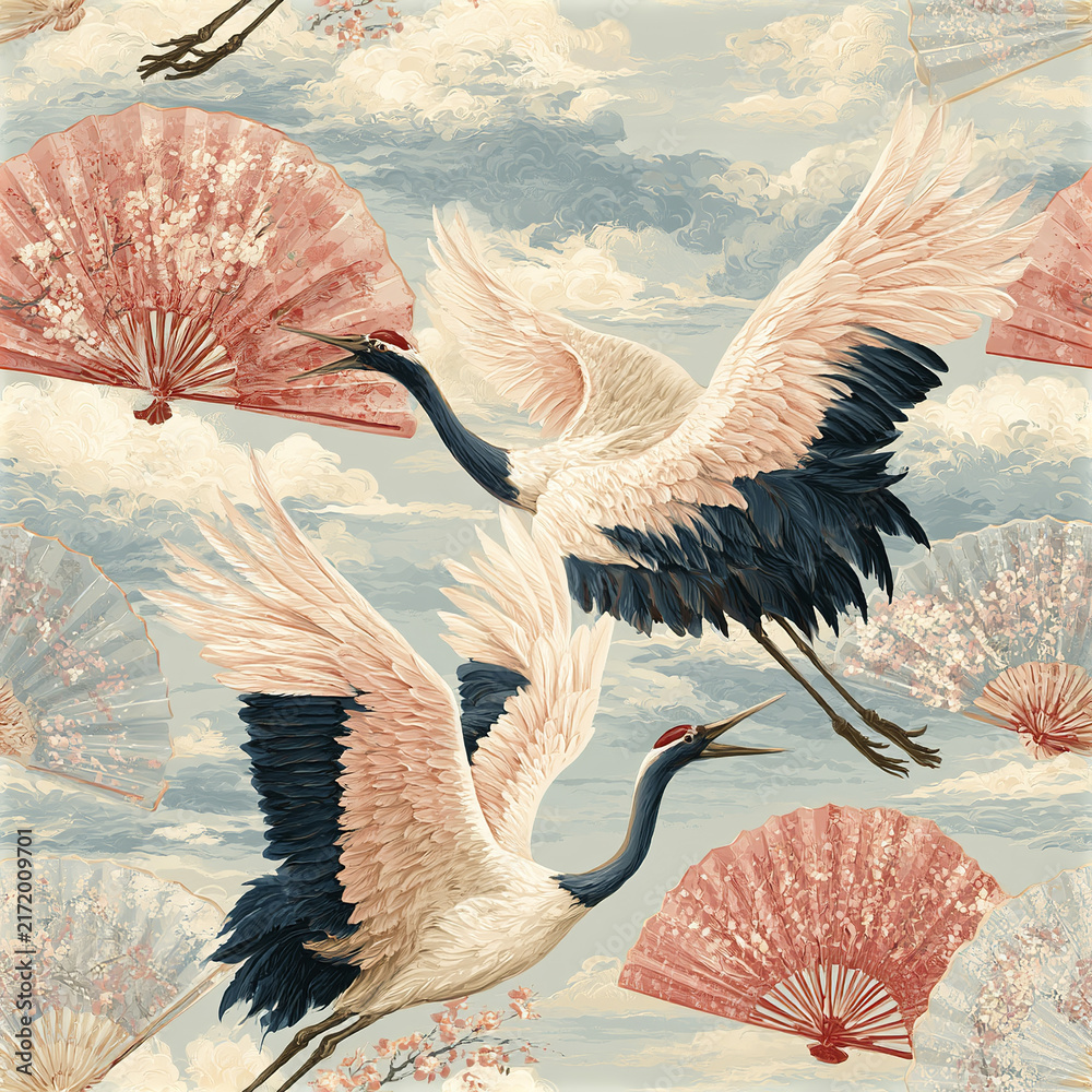 Naklejka premium Cranes flying with traditional fans and cherry blossoms soft pastel colors creating serene and elegant Asian inspired pattern