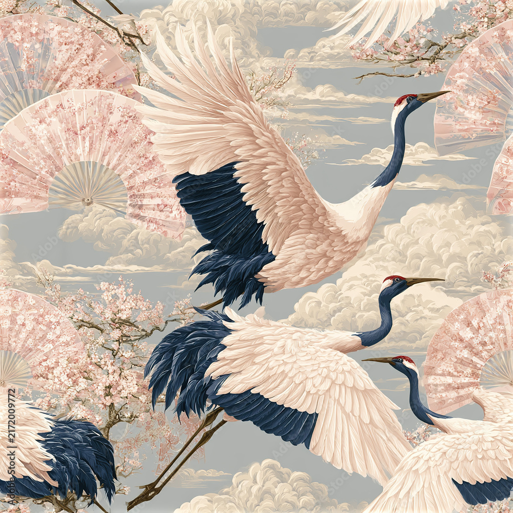 Naklejka premium Cranes with blue and white feathers flying among cherry blossoms and traditional fans in serene sky with soft clouds