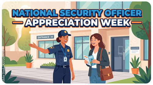 National Security Officer Appreciation Week banner or background with a security guard giving directions to a visitor holding a brochure outside a building
