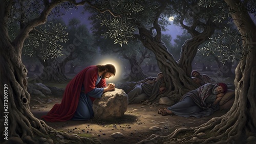Jesus kneeling in prayer as the main subject, disciples resting behind scattered olive trunks while the grove itself feels like a silent witness to the salvation journey, secluded nighttime garden wit