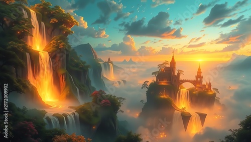 A stunning fantasy landscape featuring cascading waterfalls under a vibrant sunset, with a mystical castle surrounded by clouds
