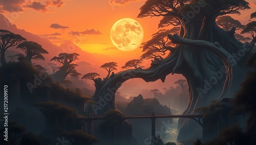 A stunning landscape featuring a giant tree under a glowing full moon