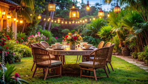 Outdoor Garden Dinner Table Setting with Lanterns at Night.