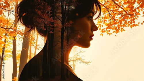 A woman's silhouette is elegantly blended with an autumn forest, creating a captivating illustration of nature and human connection. The warm colors evoke peace and introspection.