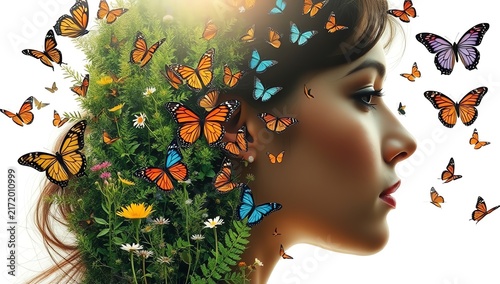 A woman with a creative hairstyle made of lush greenery and vibrant butterflies, symbolizing transformation and connection with nature