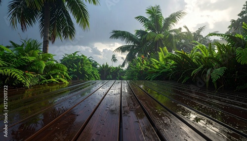 Tropical wooden boardwalk through lush green jungle path.