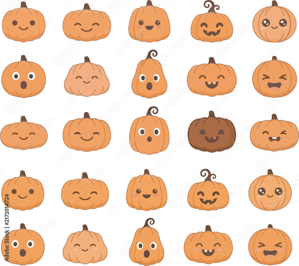 Fototapeta premium Hand-drawn orange pumpkin faces set with happy and spooky expressions for Halloween decor and crafts