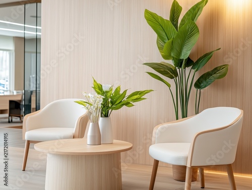Minimalist indoor setting with chairs and flowers in office