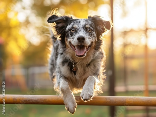 Australian Shepherd jumping joyfully in autumn park