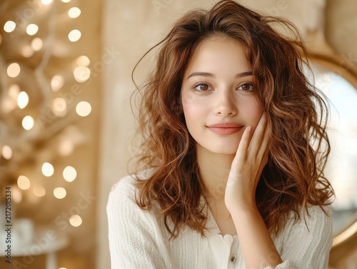 Happy young woman touching face in softly lit home during daytime
