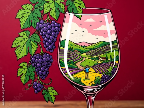 Wine Glass Containing a Vineyard Landscape with Grape Clusters During Harvest Time