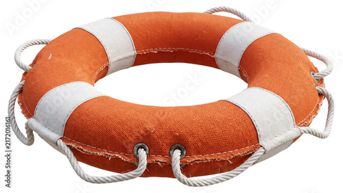 Obraz na plátne Worn orange lifebuoy ring with white fabric straps isolated on transparent backg