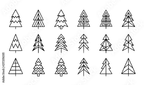 Geometric minimalist Christmas tree vector set with modern black line art spruce and pine doodles isolated on white
