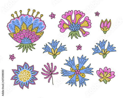 Vibrant Jacobean floral clip art set with folk botanical motifs. Vintage Paisley blooms bundle. Hand drawn vector