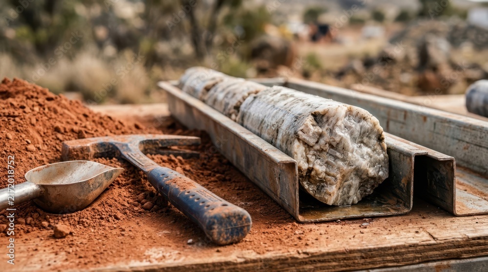 Fototapeta premium Lithium exploration drill core, pegmatite rock, sample tray, and prospecting pick beside red dust.